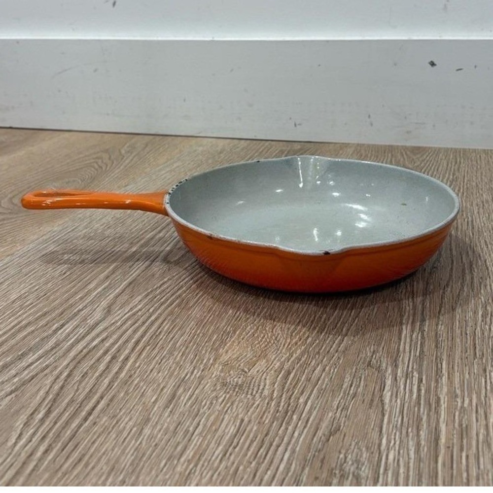 Vintage Descoware Cast Iron Skillet Orange Cream Enamel Belgium ~9" Mid Century